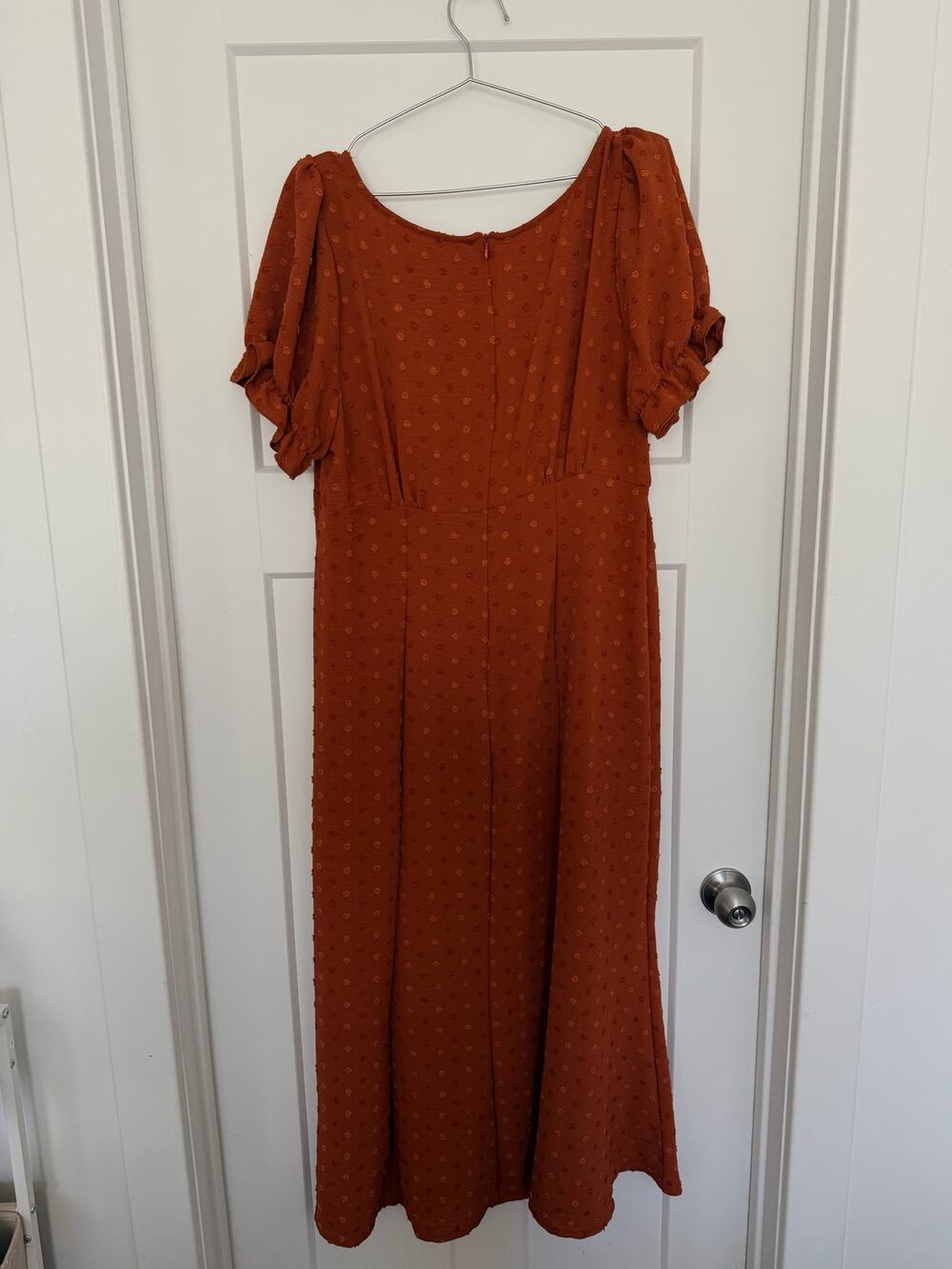 Women’s Rust Swiss Dot Puff Sleeve Jumpsuit Ruched Tie Front XL